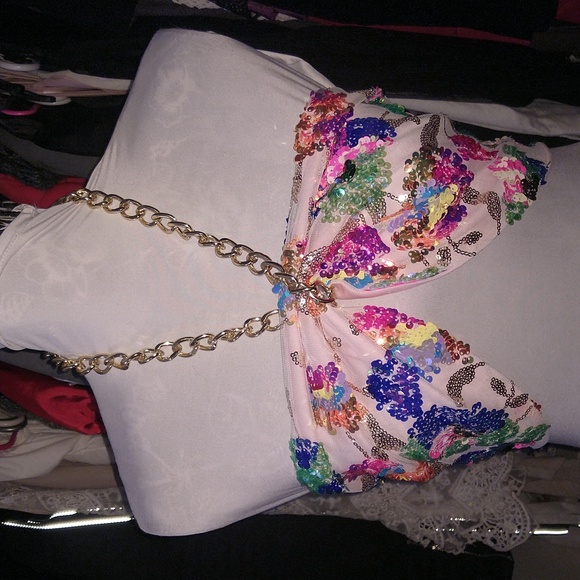 Colorful Sequin Wrap, Scarf top, Chain Halter. - Picture 7 of 8